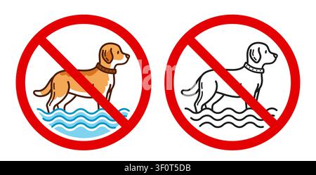 Kein schwimmender Hund erlaubt, kein Hundebad im Poolbereich Verbotsschild. Verbotenes Betreten von Hunden im Wasser öffentlicher Strand Warnsymbol Stock Vektor