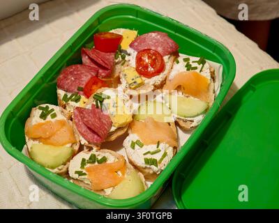 Hausgemachte Mini-Open-Sandwiches in einem grünen Plastikbehälter, Top-Down-Nahaufnahme von Party-Canapés mit geräuchertem Lachs, Salami, Frischkäse, Melonenkirsche bis Stockfoto