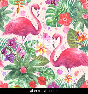 Handgemaltes nahtloses Aquarellmuster mit pinken Flamingos, tropischen Blumen und üppigen Palmblättern. Perfekt für Stoff, Tapete, Verpackungspapier Stockfoto