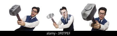 Junger Mann mit Hammer isoliert auf weiss Stockfoto
