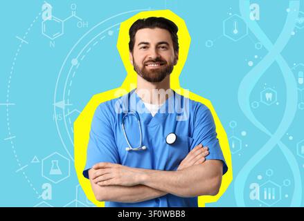 Lächelnder männlicher Arzt in blauer OP-Kleidung mit Stethoskop und verschränkten Armen, Konzept für medizinische und Gesundheitsberufe, im Hintergrund abstrakte Kunst Stockfoto