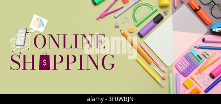 Online-Shopping mit Smartphone in einem Wagen und Schulsachen auf einem farbenfrohen Hintergrund, Verschiedene Schulsachen und Schreibwaren sind auf einem angeordnet Stockfoto
