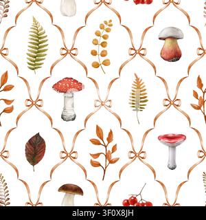 Aquarell nahtloses Muster mit Waldpilzen, Herbstblättern und botanischen Natuerelementen in eleganter Bandfliese auf weißem Hintergrund. Stockfoto
