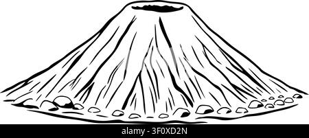 Illustration einer handgezeichneten Vulkankarte mit feinen Konturlinien, einem sichtbaren Krater und einer rauen felsigen Basis um den Berg Stock Vektor