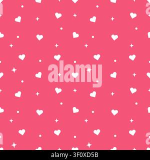 Niedliches nahtloses Muster auf pastellrotem Hintergrund mit weißen Herzen, Sternen und Punkten. Minimalistischer wiederholender Hintergrund im Kawaii-Stil für Textilien, Wickeltücher Stock Vektor