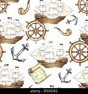 Nahtloses Design mit historischen Segelbooten, Anker, Steuerrädern und Seemannsaccessoires. Handgezeichnete Aquarellillustrationen. Perfekt für Textilien Stockfoto