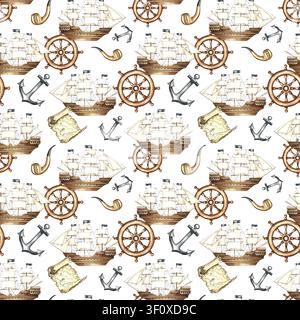 Nahtloses Design mit historischen Segelbooten, Anker, Steuerrädern und Seemannsaccessoires. Handgezeichnete Aquarellillustrationen. Perfekt für Textilien Stockfoto