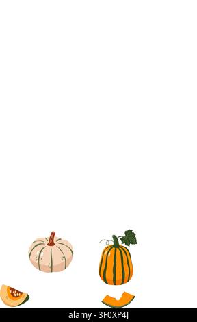 Herbstkranzrahmen aus geschnittenen Butternusskürbishälften und -scheiben mit Blumen flach Stock Vektor