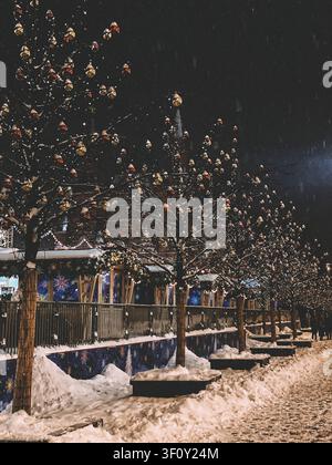 Moskau, Russland - 22. Januar 2022: Schneebedeckte festliche Bäume entlang eines beleuchteten Weihnachtsmarktes in der Winternacht Stockfoto