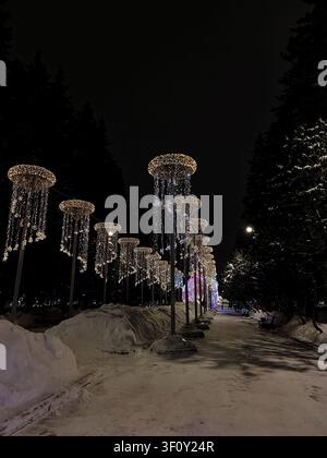 Beleuchteter Winterweg mit festlichen Lichtinstallationen in einem verschneiten Nachtpark Stockfoto