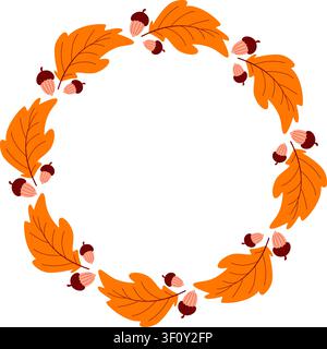 Vorlage eines runden Herbstrahmens aus Eicheln und Blättern. Herbstlaub-Rand auf weißem Hintergrund. Form für saisonale Karte, Einladung, Design Stock Vektor