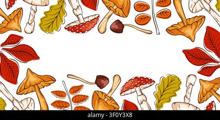 Herbstliche natürliche Bordüre mit Pilz und fallenden Blättern. Illustration für die Herbstsaisonfeier, Erntezeit für Grußkarten, Banner im Cartoon-Stil. Stock Vektor