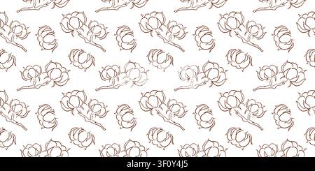 Nahtloses Baumwollpflanzenmuster mit botanischem Blütenzweig und Blüte. Linienkunststil. Naturtextilhintergrund. Illustration für Geschenkpapier Stock Vektor
