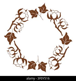 Baumwollkranz mit Blumen und Blättern im Linienstil. Rundes Rahmentelement isoliert auf weißem Hintergrund. Botanischer Rahmen Deko-Konzept Stock Vektor