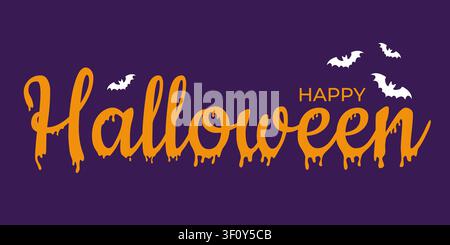 Dunkles violettes Halloween-Design mit tropfendem orangefarbenem „Happy Halloween“-Text und fliegenden weißen Fledermäusen, perfekt für festliche saisonale Dekoration oder gruselige Begrüßungen Stock Vektor