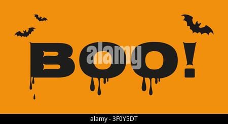Kühnes BOO-Halloween-Design mit tropfenden schwarzen Buchstaben, hellem orangefarbenem Hintergrund und fliegenden Fledermäusen, perfekt für gruselige saisonale Dekoration oder festliche Ar Stock Vektor