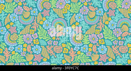 Nahtloses pastellfarbenes, nahtloses Meeresmuster mit Muscheln, Korallen, Blumen, Krebsen und Sternen, verspielter Boho-Hintergrund mit zartem Rosa, Blau und Ggreu Stock Vektor