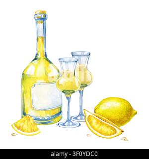 Aquarellillustration einer italienischen Limoncellokomposition mit einer Glasflasche mit leerem Etikett, zwei traditionellen Gläsern, einer ganzen Gelbfrucht Stockfoto