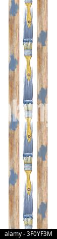 Aquarellillustration einer vertikalen nahtlosen Bordüre, die künstlerische Pinselstriche mit Holzplanken auf weißem Hintergrund kombiniert. Wiederholendes Muster Stockfoto