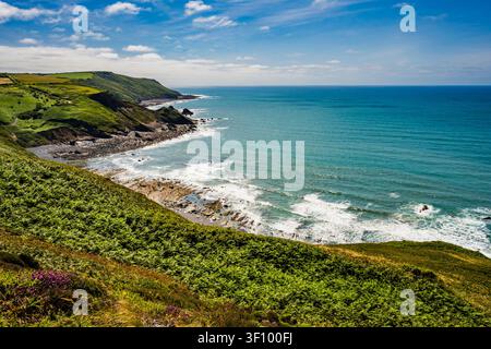 Blick von Penhalt Cliff auf Millook Haven, Cornwall, UK Stockfoto