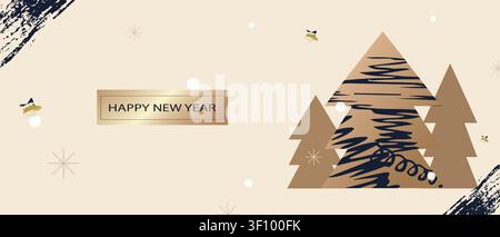 Frohe Weihnachten und ein gutes neues Jahr festliche Banner. Stilisierte Weihnachtsbäume im Grunge-Stil, geschaffen mit Pinsel- und Federstrichen. Eine Vorlage für Grußc Stock Vektor