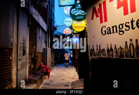 Schmale Abendgasse in Sinpo dong Incheon, beleuchtet von farbenfrohen Bierschildern, die das retro städtische Nachtleben zeigen, und einem einsamen Fußgänger, der geht Stockfoto