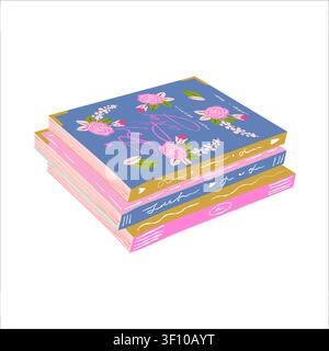 Illustrationen für Bücher und Schulbücher, Lesekonzept, Stapel von Liebesromanen. Bibliotheks- und Regalelement, Design zum Thema Studium und Bildung. Vektor-Clipart (isolierter Gegenstand) Stock Vektor