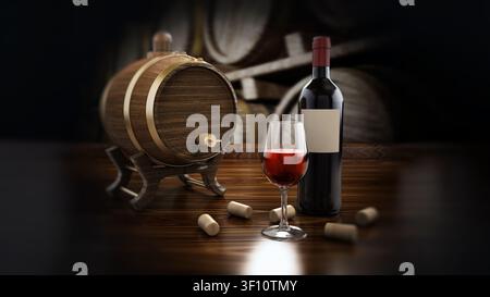 Weinflasche, Korken, Glas und Fass 3D-Illustration. Stockfoto