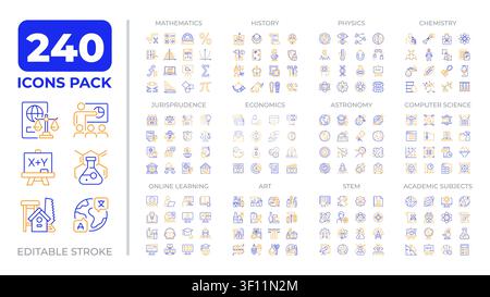 Zwei-Farb-Linienicons-Sammlung für akademische Fächer Stock Vektor