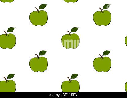 Retro grüner Apfel Schule nahtloses Muster farbige handgezeichnete Illustration. Vektor-Grafik-Linien-Tinten-Kunst. Frischer organischer gesunder Obst-Hintergrund. invita Stock Vektor