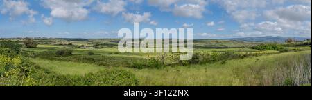 große Panorama-Landschaft mit grüner Inland-Landschaft, aufgenommen in hellem Frühlingslicht in der Nähe von Tresnuraghes, Italien Stockfoto