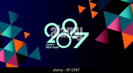 Hintergrund zur Feier des Happy New Year 2027 mit bunten geometrischen Konfettis und moderner Typografie-Vektorillustration. Festliches Design geeignet für Stock Vektor