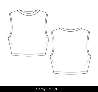 Ärmelloses T-Shirt Vorder- und Rückansicht Vektordesign-Mockup-Vorlage technischer flacher Skizze. Stock Vektor