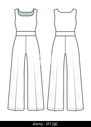 Design technischer flacher Skizzenvektor-Mockup-Vorlage für die Vorder- und Rückansicht eines Damen-Jumpsuits. Stock Vektor