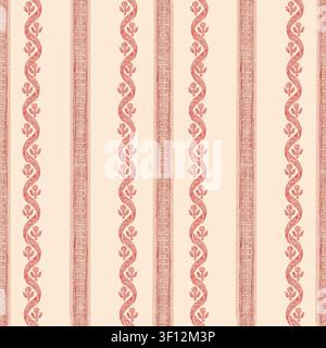 Aquarell-Blumenstreifen-Muster nahtlos mit rotem welligem botanischem Ornament Stockfoto