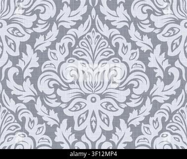 Blaugraues ornamentales Damast-Muster ohne Ende mit weißen Blumenmotiven Stockfoto