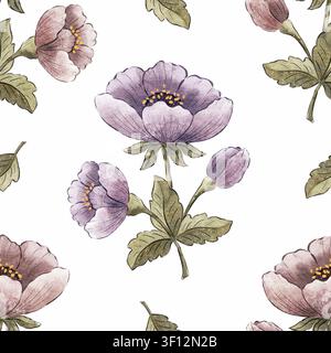 Aquarell Pfingstrose Blumen Nahtloses Muster mit rosa und lila Blumen auf weißem Hintergrund Stockfoto