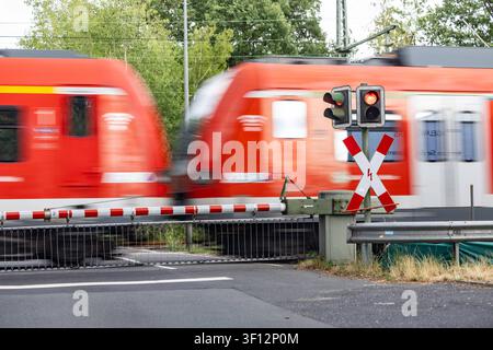 Bahnübergang am Bahnhof Buchschlag 07.07.2026: Ein Regionalzug passiert einen geschlossenen Bahnübergang am Bahnhof Buchschlag in Dreieich. Im Vordergrund sind das Andreaskreuz und die rote Lichtzeichenanlage zu sehen. Symbolbild für Verkehrssicherheit und Schienenverkehr. Dreieich Buchschlag Hessen Deutschland *** Bahnübergang am Bahnhof Buchschlag, 7. Juli 2026: Ein Regionalzug passiert einen geschlossenen Bahnübergang am Bahnhof Buchschlag in Dreieich. Im Vordergrund sind das Andreaskreuz und die rote Lichtsignalanlage zu sehen. Symbolbild für Verkehrssicherheit und Schienenverkehr. Dreieich Buchschlag Hessen Deutschland Stockfoto