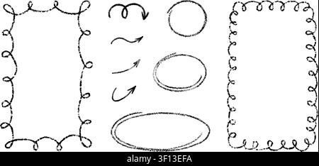 Handgezeichnete Kreideovale, Pfeile und muschelförmige Rechteckrahmen. Kreidebleistiftovale und Bordüren. Hervorhebungslinien-Kreisrahmen. Ellipsen im Doodle-Stil Stock Vektor
