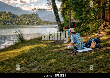 Mann malt im Freien am Bled-See mit den bewaldeten Julischen Alpen im Hintergrund in Bled, Slowenien. Stockfoto