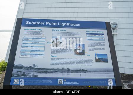 Informationsschild des Schafner Point Leuchtturms auf der Granville Road in Annapolis Royal, Nova Scotia, Kanada Stockfoto