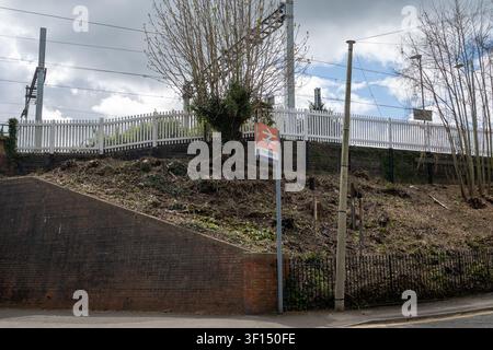 Ein Blick auf den Bahndamm am Bahnhof Pangbourne, mit dem ikonischen Doppelpfahl-British-Rail-Schild an einem Pfosten, vor dem Hintergrund eines Stockfoto