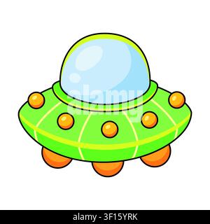 Niedliche grüne UFO-Fliegende Untertasse-Vektorillustration. Cartoon-Alien-Raumschiff mit orangefarbenen Lichtern und Glaskuppel isoliert auf weißem Hintergrund. Futuristisches kosmisches Transportelement für Kinderraumdekoration Stock Vektor