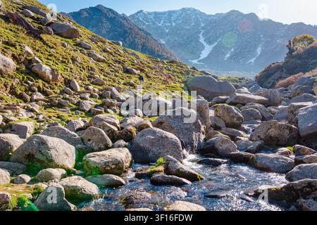 Ein klarer Gebirgsbach fließt über Felsen mit einem üppigen grünen Hügel und schneebedeckten Gipfeln im Hintergrund. Stockfoto