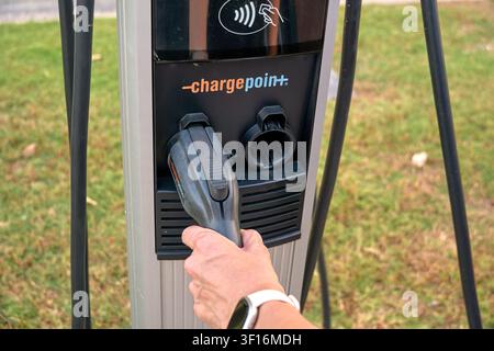 FARMERS BRANCH, TX, USA - 10. JULI 2026: Eine ChargePoint-Ladestation für Elektroautos wird in einer grasbewachsenen Außenumgebung genutzt. ChargePoint ist ein führender Stockfoto