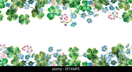 Nahtloser doppelter Rahmen mit grünen Kleeblättern, blauen Vergissmeinnicht oben und unten, handgezeichnete Aquarellkunst. Wiederholbarer irischer Rahmen für St. Patrick’s Stockfoto
