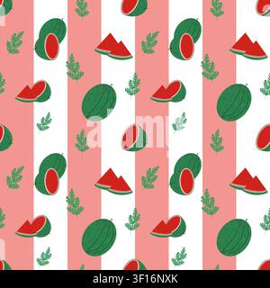 Niedliches Wassermelonen-Frucht-Muster ohne Ende mit rosa und weißen vertikalen Streifen im Hintergrund. Stockfoto