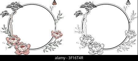 Minimalistischer japanischer Zen-Stil-Rundrahmen mit Pfingstrosenblüten, Kiefernbaum und einem Schmetterling in gemütlicher botanischer Linienkunst. Stock Vektor