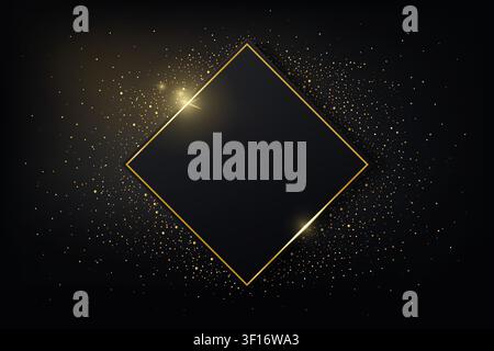 Gold glänzender, leuchtender Vintage-Rahmen mit Schatten auf dunklem, glitzerndem Hintergrund. Goldener luxuriöser realistischer Rhombus-Rand mit Sternen. Einladung, Verkauf, Stock Vektor