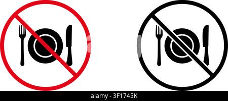 No Eating Prohibition Sign Icon Set. Verbotenes Essens-Warn- und Beschränkungssymbol-Sammlung. Stopp- und Verbotszeichen. Isolierte Vektorillustration Stock Vektor